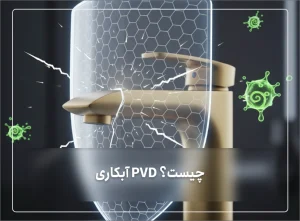 تصویر مفهومی از تکنولوژی آبکاری PVD که مانند یک سپر محافظ، از شیرآلات رنگی در برابر خراش و مواد شیمیایی محافظت می‌کند.